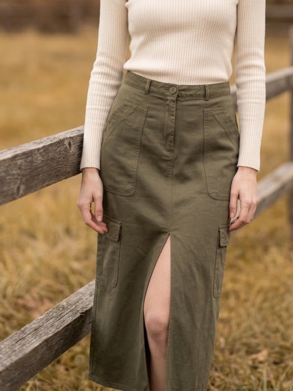 Max Studio Olive Cargo Midi Skirt with Center Slit